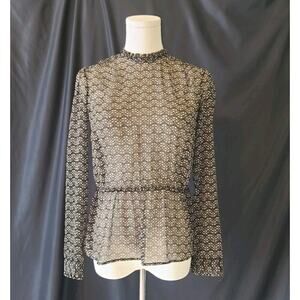 Sézane Muslin Sheer Black Geometric Floral Button Back Peplum Blouse 34 US 2